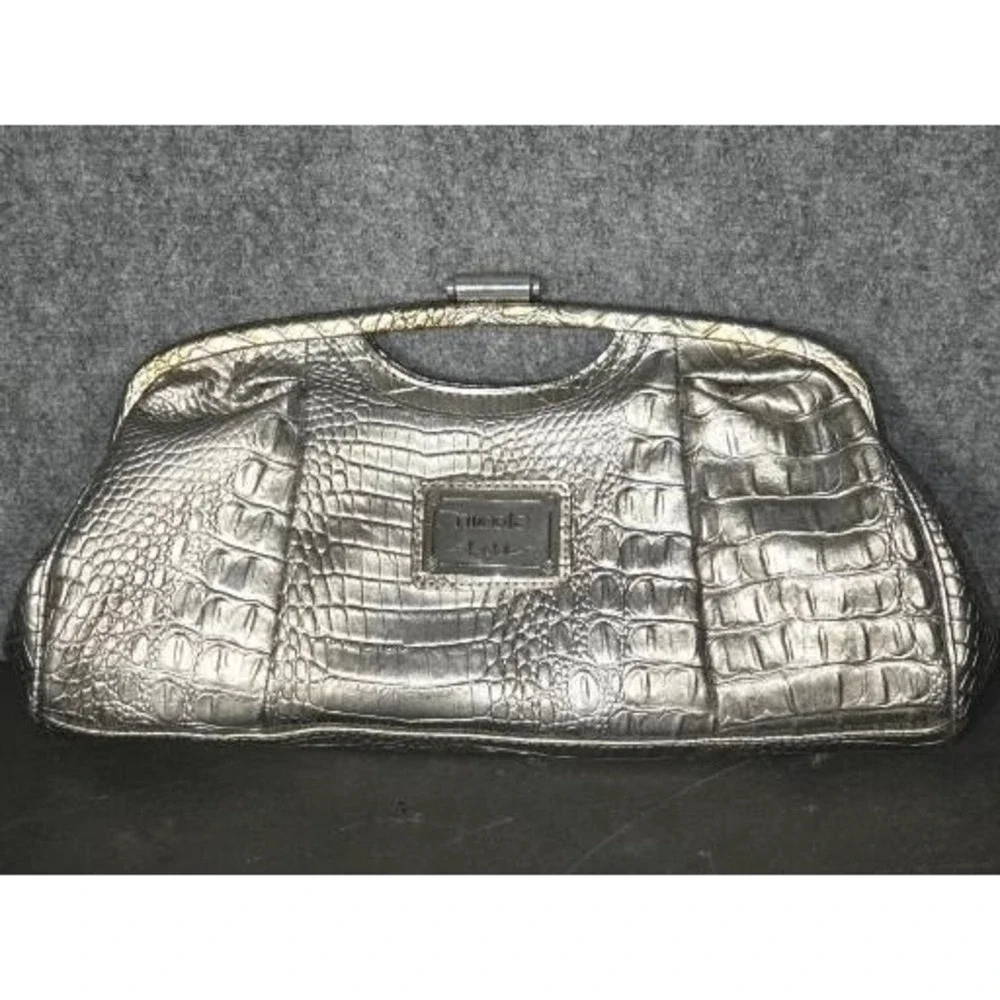 Nicole‎ Miller Silver Crocodile Embossed Frame Clutch Bag Metallic Pewter Office